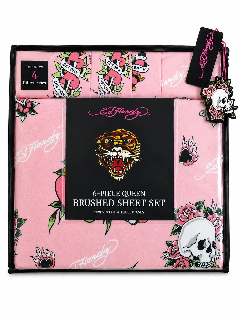 Ed Hardy Queen 6 Piece Pink Skull Rose Tattoo Sheet Set